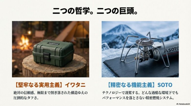イワタニのハードケースに収納されたバーナーと、雪山を背景に使用されるSOTOのレギュレーターストーブの比較画像
