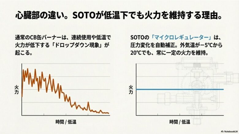 低温下での火力変化を示すグラフ。通常のバーナーが時間とともに火力が低下するのに対し、SOTOのマイクロレギュレーター搭載機は一定の火力を維持している比較図。