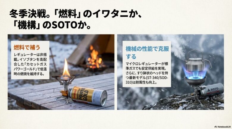 イワタニのパワーゴールドガス缶と、SOTOのレギュレーターストーブを並べ、燃料組成で補うイワタニと機械性能で克服するSOTOの違いを説明する図解