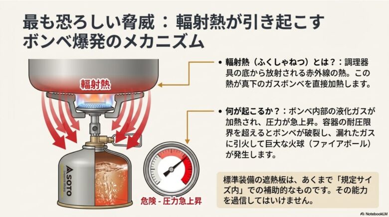 調理器具の底面からの輻射熱がガスボンベを加熱し、内部圧力が急上昇して破裂・引火するメカニズムを図解した画像