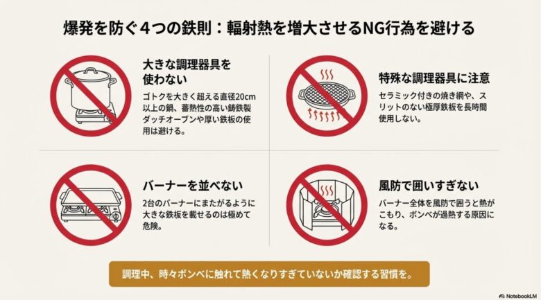 大きな鍋の使用、特殊な調理器具の使用、バーナーの並列使用、風防での囲いすぎを禁止事項として示すイラスト画像。