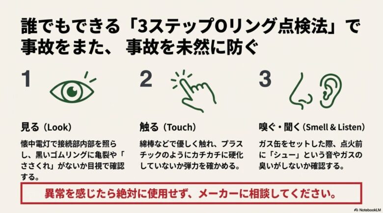 「見る（亀裂の目視）」「触る（弾力の確認）」「嗅ぐ・聞く（異音と臭いの確認）」の3つの点検手順をアイコンで説明する画像。