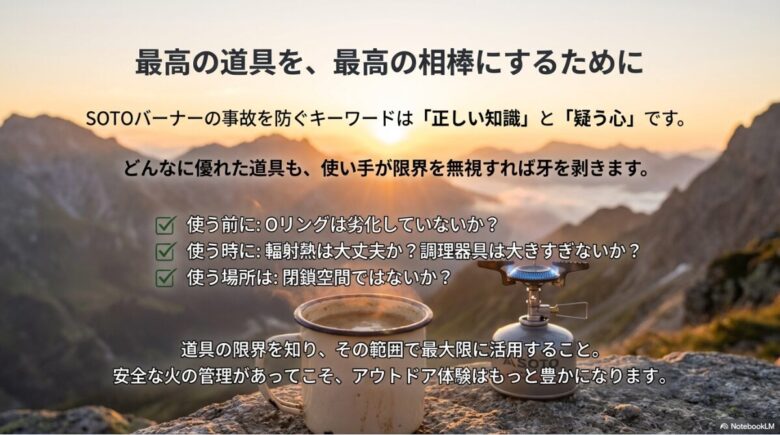 使用前のOリング確認、使用時の輻射熱注意、使用場所の確認など、安全管理のポイントをまとめた最終確認用スライド