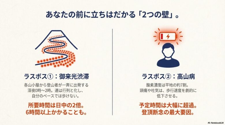 富士登山の後半で直面する「御来光渋滞」と「高山病」という2つの大きな障害を説明するイラスト。渋滞で進めない様子と、エネルギー不足を示すバッテリーアイコンのイメージ。