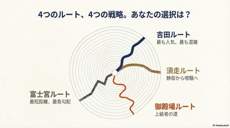 吉田、須走、富士宮、御殿場の4つのルートが山頂に向かって伸びている図解。それぞれの難易度や人気度の違いを示唆するイメージ。