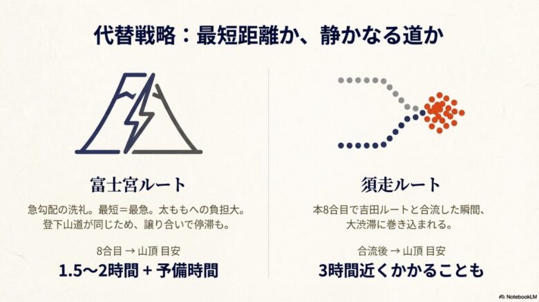 富士宮ルートの急勾配と、須走ルートが本8合目で吉田ルートと合流して渋滞に巻き込まれる様子を表現した図解。