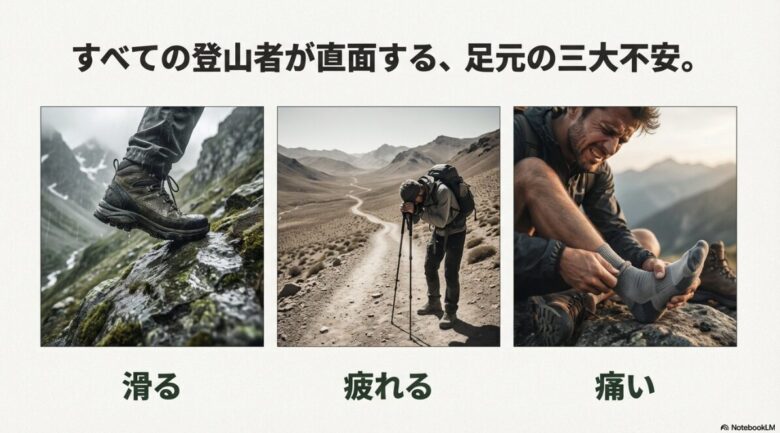 登山中に「滑る」「疲れる」「痛い」といった足元のトラブルに悩む登山者のイラストと解説