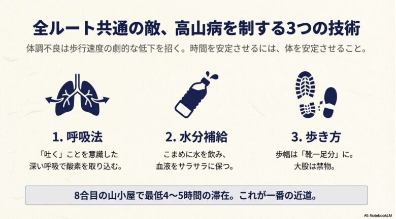 肺（呼吸法）、水（水分補給）、足跡（歩幅は靴一足分）のアイコンを使い、高山病を防いで歩行速度を安定させる技術をまとめたスライド