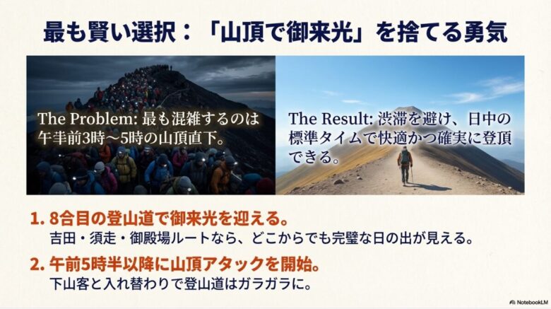 深夜3時〜5時の山頂直下の混雑を避け、8合目で御来光を迎えてから午前5時半以降に空いた道を登る戦略を解説したスライド。