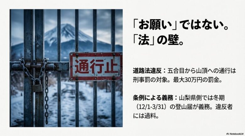12月1日から3月31日の期間、山梨県側での登山届提出が義務であり、違反者には過料が科されることを説明するテキストスライド。