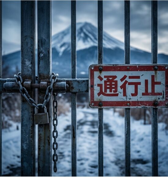 雪の富士山を背景に「通行止」の看板が掲げられた鎖付きの鉄ゲートの画像。