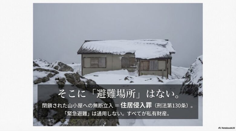 閉鎖された山小屋への無断立ち入りが住居侵入罪（刑法第130条）に該当し、私有財産のため緊急避難が通用しないことを示すスライド