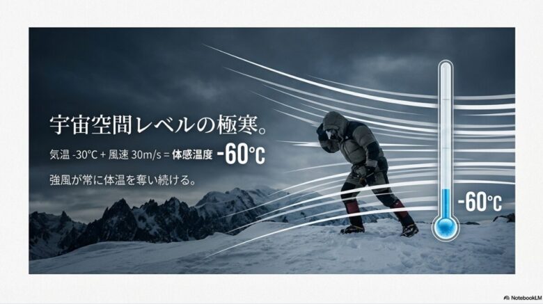 気温マイナス30度と風速30m/sが合わさると体感温度がマイナス60度になることを示す、宇宙空間レベルの極寒リスクを説明するスライド