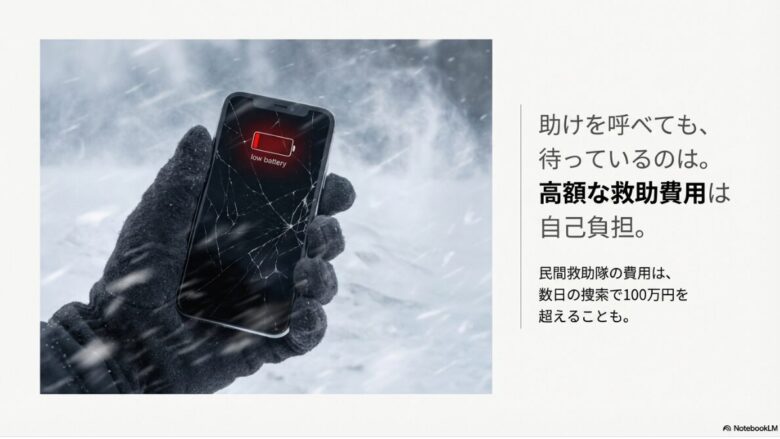 吹雪の中で画面が割れバッテリーが切れたスマートフォンの画像。高額な民間救助費用が自己負担になり、100万円を超える可能性があることを警告するスライド