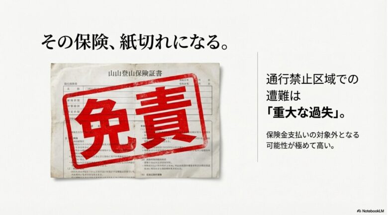 山岳登山保険証書に赤字で大きく「免責」とスタンプされた画像。通行禁止区域での遭難は重大な過失とみなされ、保険金支払いの対象外となる可能性が高いことを説明。