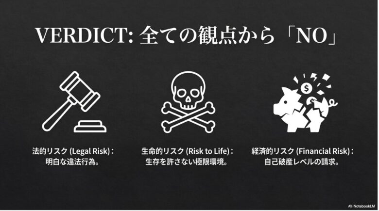 裁判官のガベル（木槌）、髑髏、割れた貯金箱のアイコン。法的・生命的・経済的リスクのすべての観点から判定が「NO」であることを示す結論スライド。