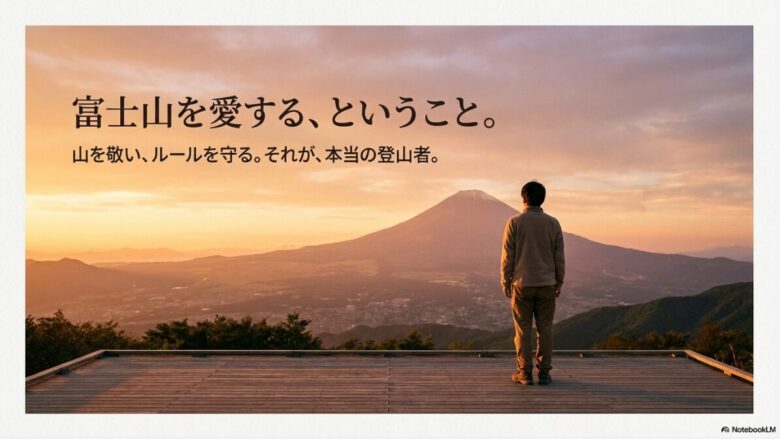 富士山を愛することとは、山を敬いルールを守ることであると説く、登山者の倫理観に訴えかけるスライド