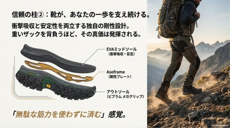 EVAミッドソール、剛性プレート（アゾフレーム）、アウトソールの3層構造による衝撃吸収の仕組みを示す断面図