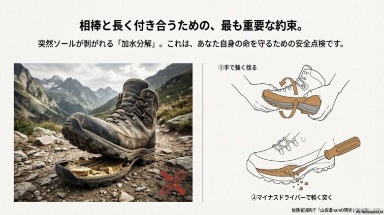 突然のソール剥離（加水分解）の画像と、それを防ぐために手で捻ったりドライバーで突いたりして劣化を確認する点検方法