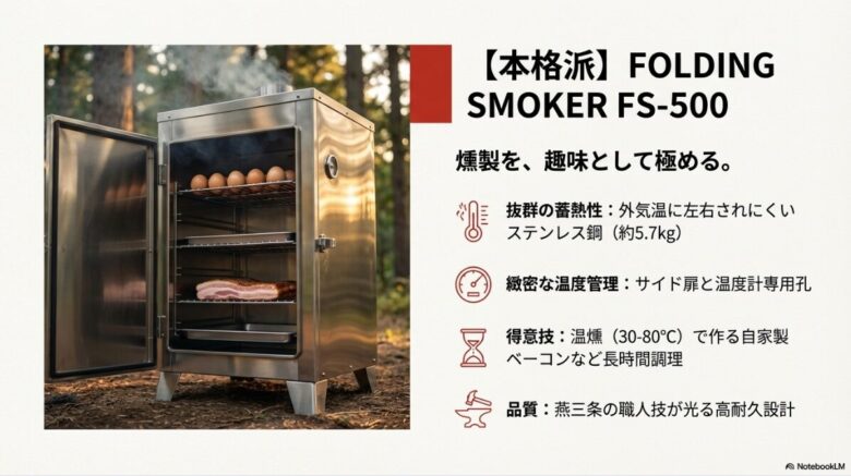 ステンレス製で蓄熱性が高く、サイド扉や温度計孔を備えた本格スモーカーFS-500の内部構造とスペック解説