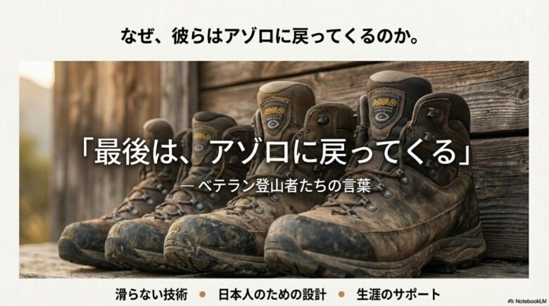 「最後はアゾロに戻ってくる」という言葉と共に、滑らない技術、日本人向けの設計、生涯サポートの3点をまとめたスライド