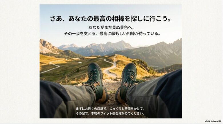 登山道で足を伸ばして休憩する登山家。店舗での試着を促す「本物のフィット感を確かめてください」というメッセージ