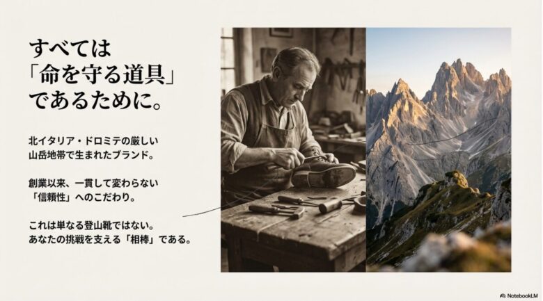 北イタリア・ドロミテの厳しい山岳地帯を背景に、職人が靴を作る様子と「命を守る道具」であるというザンバランの信念を伝えるスライド
