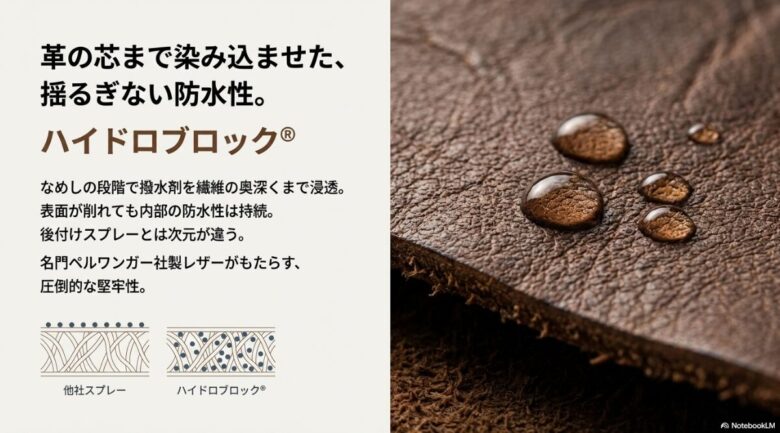 なめし段階で撥水剤を繊維の奥深くまで浸透させるハイドロブロック技術と、後付けスプレーとの防水持続性の違いを比較した図解