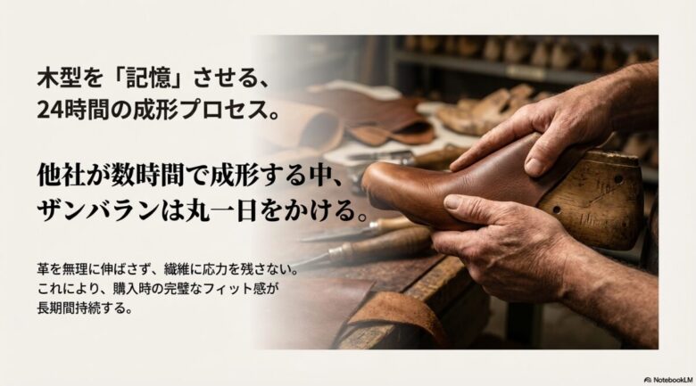 他社が数時間で済ませる成形に24時間をかけ、革に応力を残さず木型を記憶させるザンバラン独自の製造工程の解説