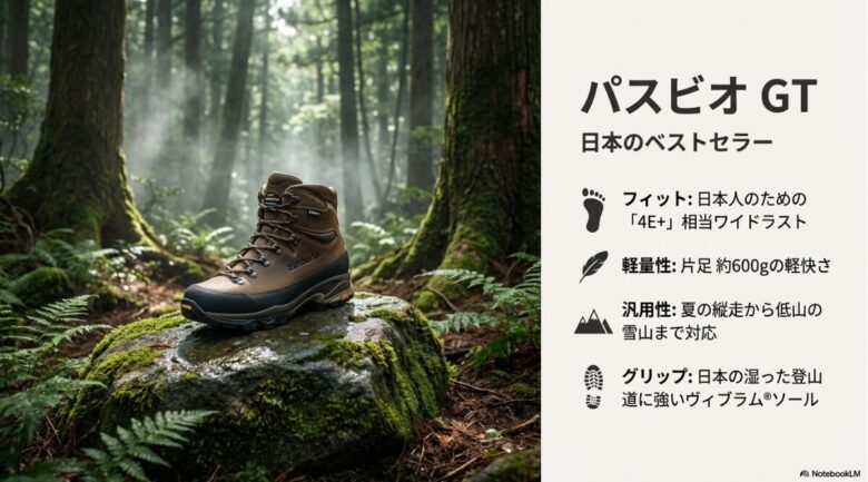 日本人のための4E+相当ワイドラストや、片足約600gの軽量性など、パスビオ GTの主要スペックをまとめた紹介資料