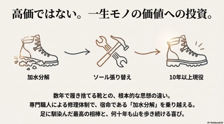 ソールが加水分解しても、専門職人によるソール張り替え修理体制によって10年以上現役で履き続けられることを示すフロー図