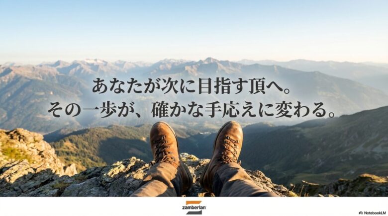 「あなたが次に目指す頂へ。その一歩が、確かな手応えに変わる。」というメッセージと共に、ザンバランのロゴを配置したクロージングスライド
