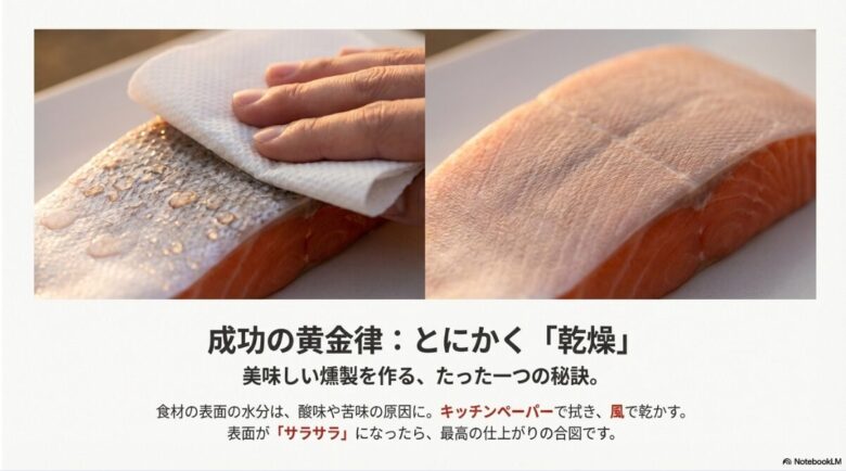 食材（鮭）の表面をキッチンペーパーで丁寧に拭き取り、酸味や苦味の原因となる水分を取り除く工程の解説