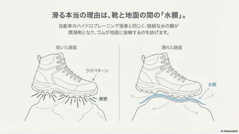 乾いた路面ではラグが地面を捉えて摩擦を生むが、濡れた路面では水膜が潤滑剤となりゴムの接触を妨げるハイドロプレーニング現象の図解