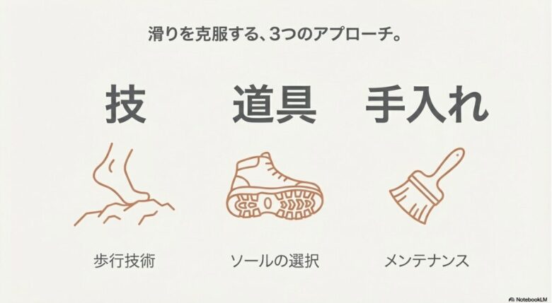 技（歩行技術）、道具（ソールの選択）、手入れ（メンテナンス）の3点から滑りを克服するアプローチを示した概念図