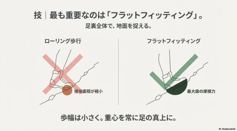 かかと着地のローリング歩行は接地面積が極小になり滑りやすいが、フラットフィッティングは足裏全体で地面を捉え最大級の摩擦力を生むことを示す比較図