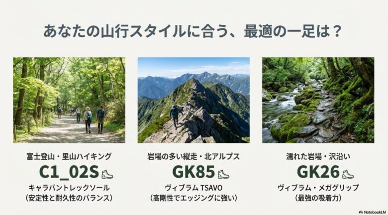 富士登山・里山、岩場の多い縦走、濡れた岩場・沢沿いの3つのスタイルに合わせた、C1_02S、GK85、GK26の推奨モデル紹介スライド
