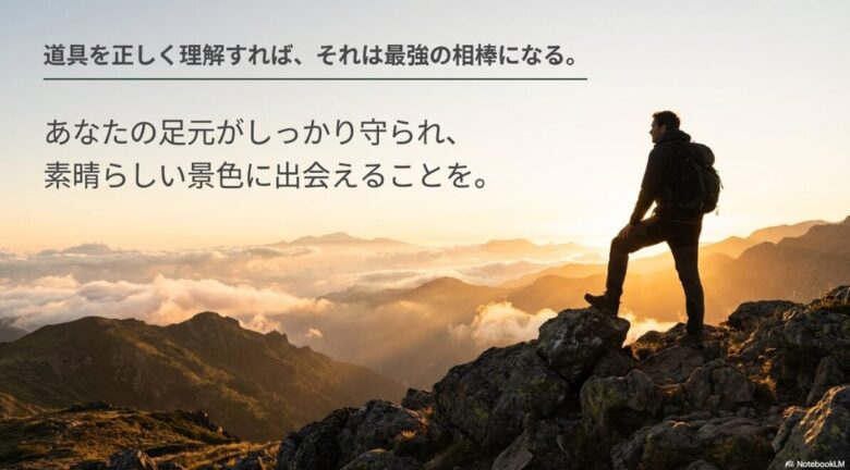 道具を正しく理解すれば最強の相棒になる。足元を守り素晴らしい景色に出会えることを願うメッセージスライド