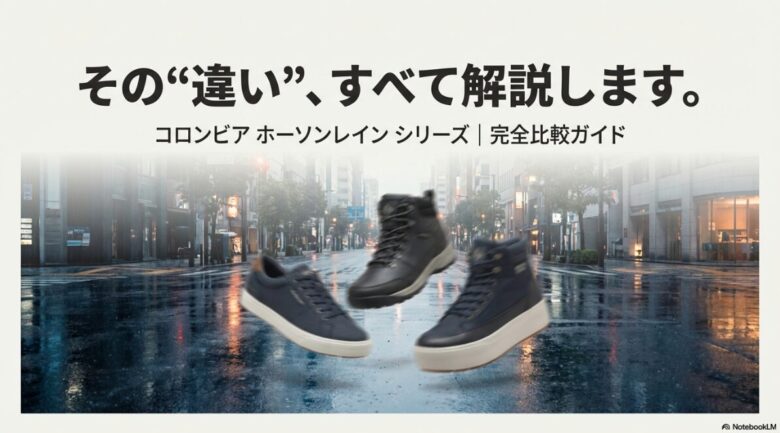 雨の日の街並みを背景に、コロンビアのホーソンレインシリーズの各モデルが並ぶ比較ガイドの表紙画像。