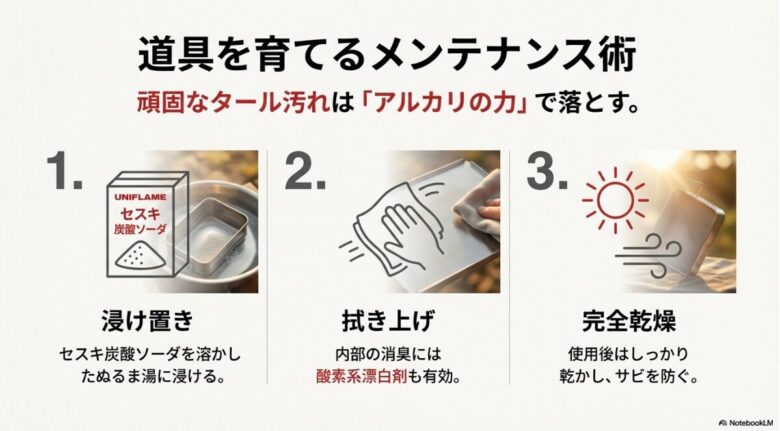 セスキ炭酸ソーダによる浸け置き、酸素系漂白剤での消臭、完全乾燥という清掃手順の解説図 。