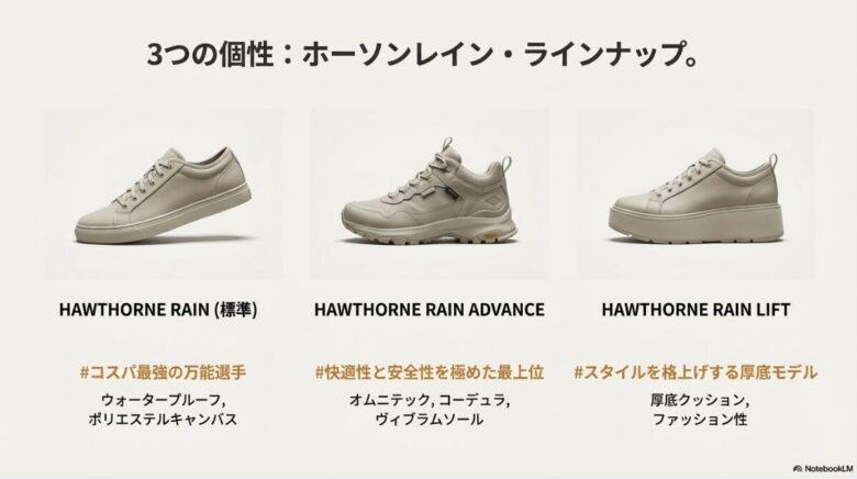 標準モデル、アドバンスモデル、リフトモデルの3種類の外観写真と、それぞれの主な機能・特徴のまとめ