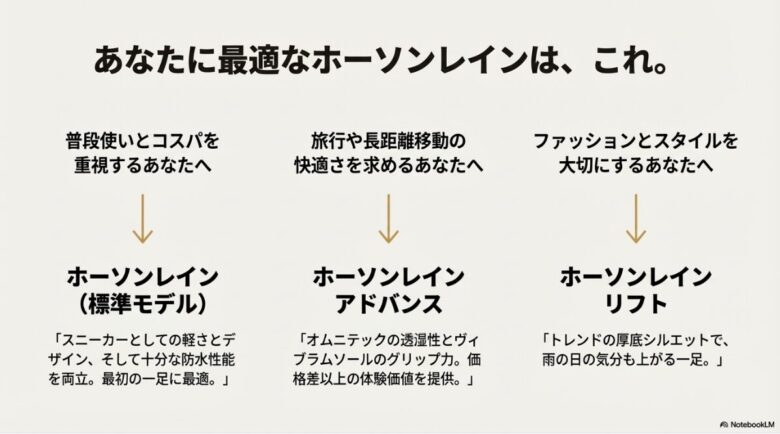 スパ重視、快適さ重視、ファッション重視など、ユーザーの要望に合わせたおすすめモデルのチャート図