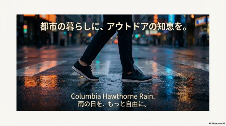 「都市の暮らしに、アウトドアの知恵を。」というメッセージと共に、ホーソンレインが雨の日を自由にするイメージ画像。