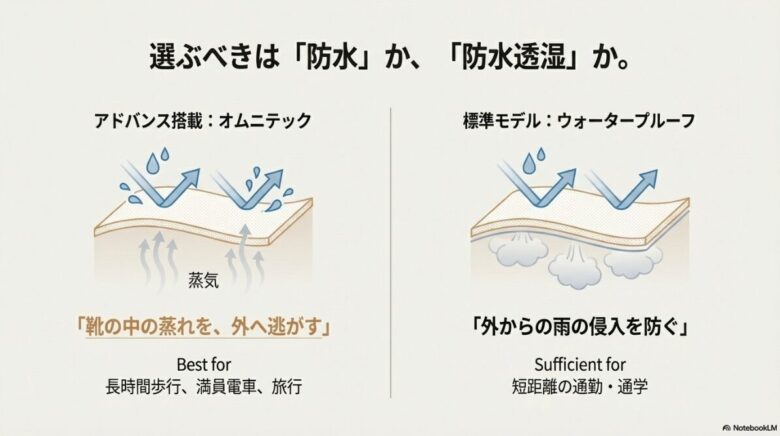オムニテックの「蒸気を逃がす防水透湿」と、標準モデルの「雨の侵入を防ぐ防水」の仕組みを比較したイラスト。