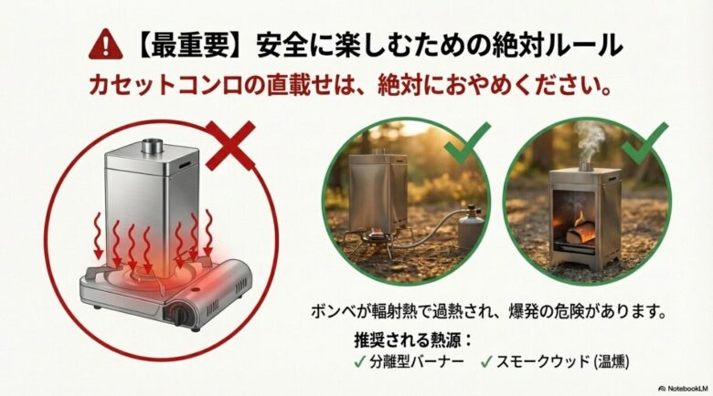 カセットコンロ直載せの禁止（X印）と、分離型バーナーやスモークウッドの使用推奨を対比させた安全啓発図 。