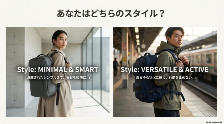 「洗練されたシンプルさ」と「あらゆる状況に備える万能性」という、30Lと33Lそれぞれが持つスタイルの対比
