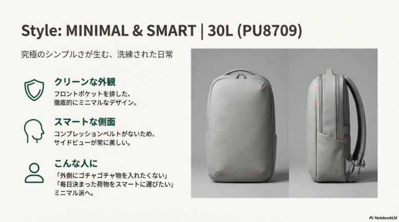 パナシーア30Lの前面と側面の画像。フロントポケットやベルトを排したクリーンでスマートなデザインの紹介
