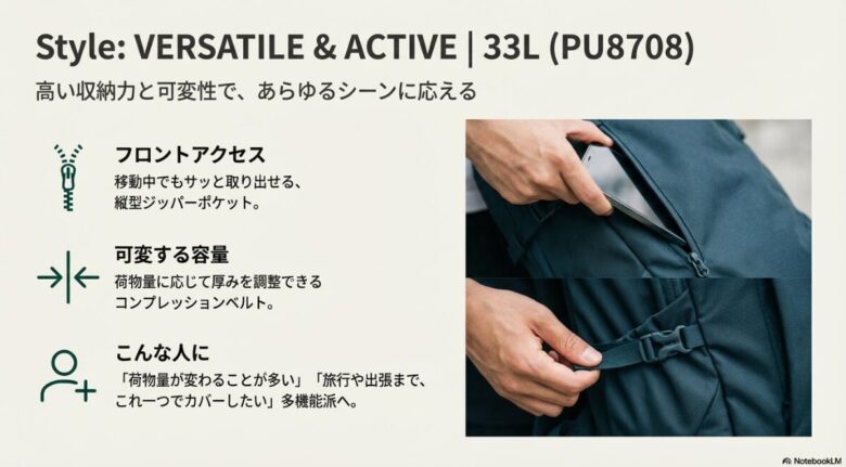 パナシーア33Lの縦型ジッパーポケットと、厚みを調整できるコンプレッションベルトのクローズアップ画像