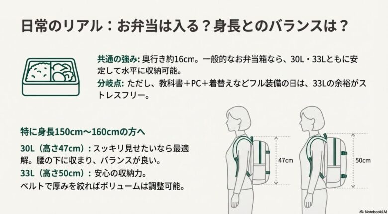 身長150cm〜160cmの女性が背負った際の30L（高さ47cm）と33L（高さ50cm）のサイズバランス比較図。