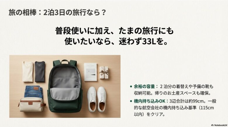 パナシーア33Lに2泊分の着替えや靴、ポーチを収納したパッキング例。機内持ち込み基準クリアの案内。